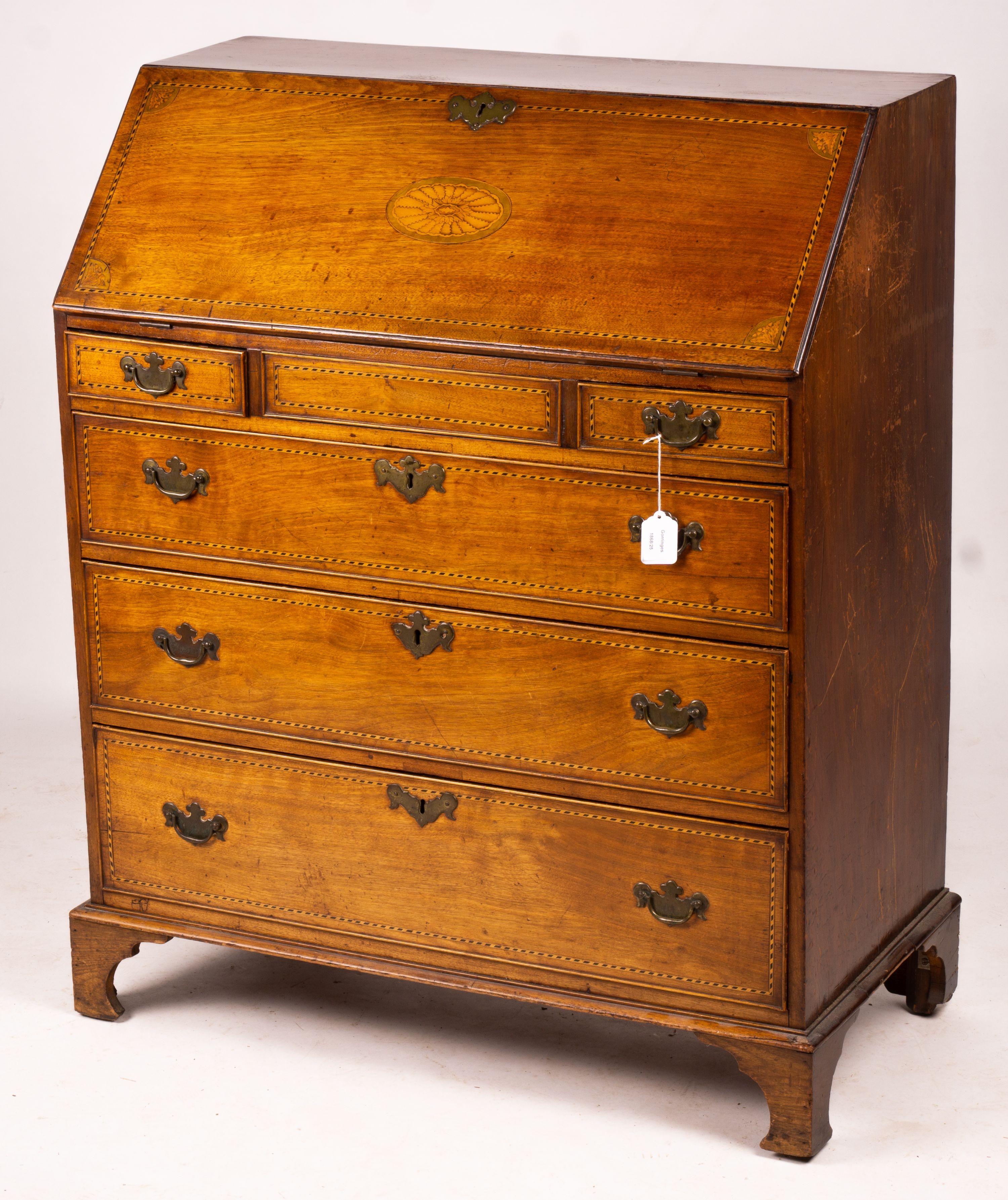 A George III inlaid mahogany bureau, width 88cm, depth 45cm, height 108cm
